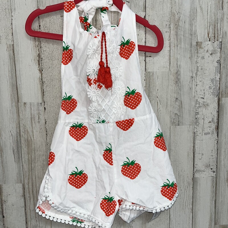 3/4 Strawberry Print Romp, White, Size: Girl 3T