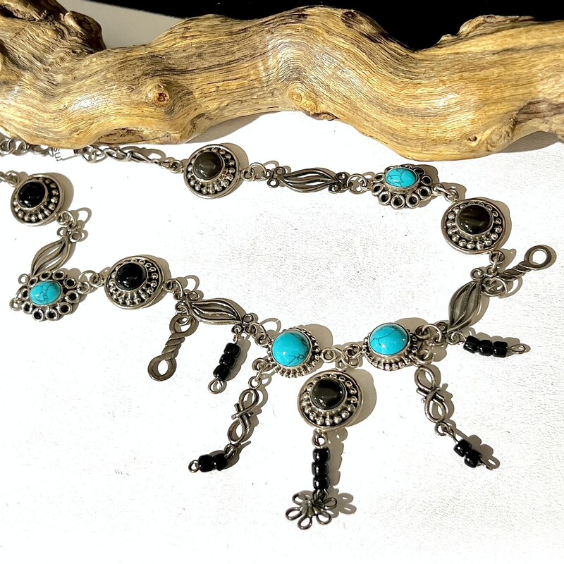 Sterling onyx & blue stone dangle necklace