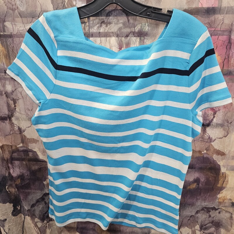 Short sleeve knit top in blue white and navy stripe
