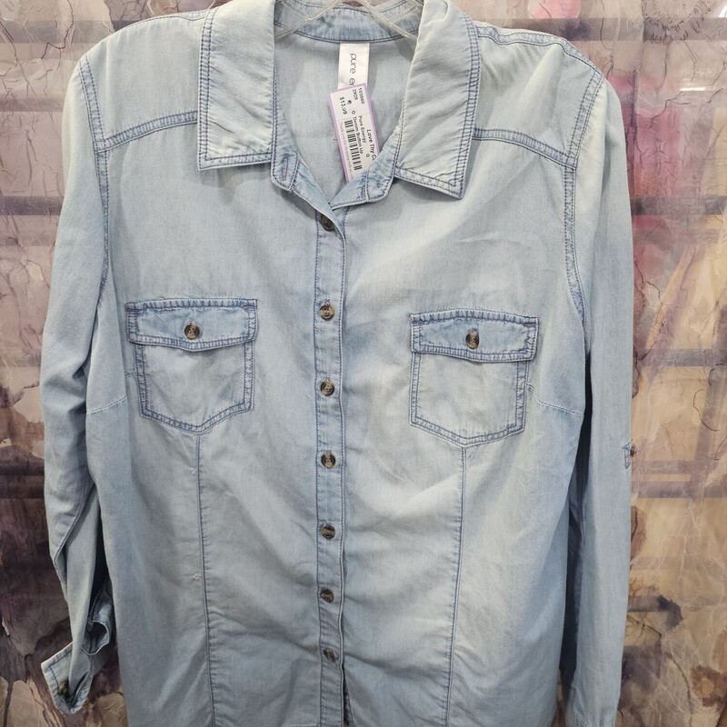 Lightweight button up blouse in denim that is stonewashed