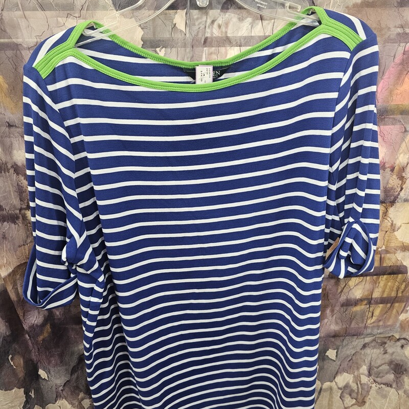 Brand new with tags and retails for $50! Half sleeve knit top in blue and white stripe with lime green trim.