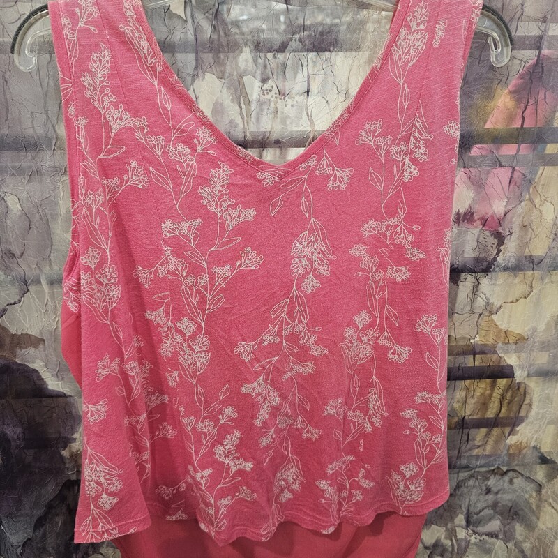 Cute tank with solid pink knit back panel and fun printed front.
