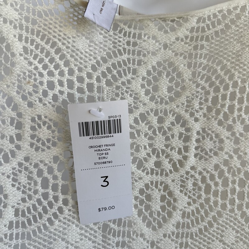 NWT Chicos CrochetFringTo, Ivory, Size: 3/XL<br />
New with Tags<br />
Original Tag:<br />
$79.99<br />
All Sales Are Final<br />
No Returns<br />
Pick Up In Store Within 7 Days Of Purchase<br />
OR<br />
Have It Shipped<br />
<br />
Thanks For Shopping With Us:-)