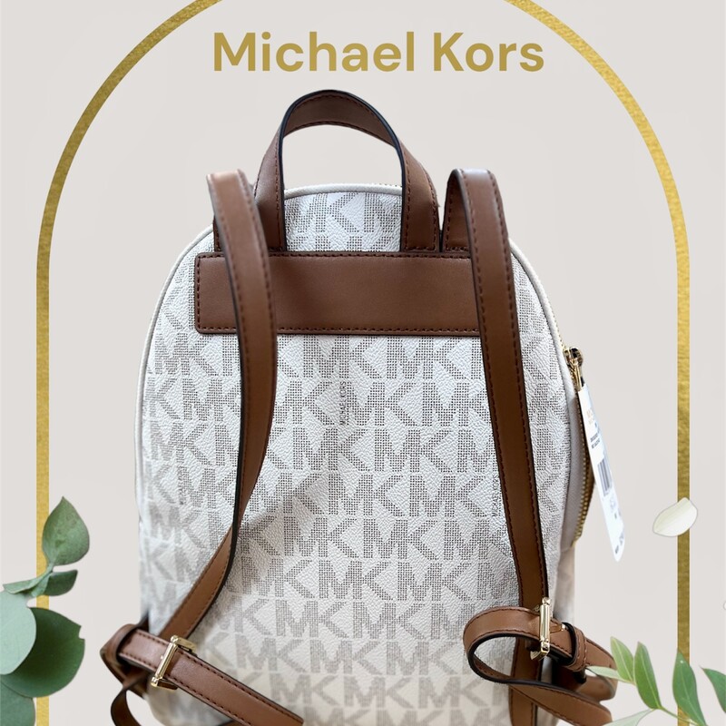 Michael Kors (NEW w/Tags)<br />
Designed in a streamlined silhouette, the Erin backpack is a versatile accessory destined for days on the go. Its spacious interior will easily accommodate your essentials for a day at the office or a day of errands. ? Backpack Logo-print canvas 69% coated canvas/17% polyester/13% cotton/1% polyurethane Gold-tone hardware 12\"W X 12.25\" H X 5\"D Handle drop: 1.5\" Exterior details: back slip pocket Interior details: back zip pocket, back padded tech compartment, 2 front slip pockets Lining: 100% polyester Zip fastening<br />
Original Retail Price:  $298.00<br />
This bag is new with tags, no marks, stains or flaws.