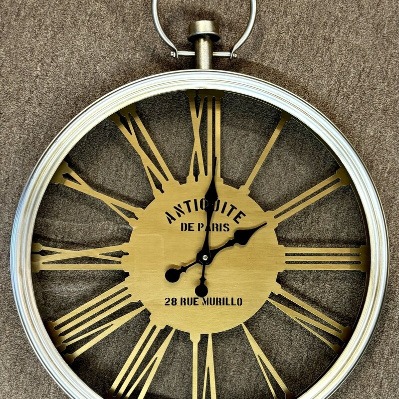 Antiquite De Paris 28 Rue Murillo Metal Clock
Silver Gold Size: 20 x 27H