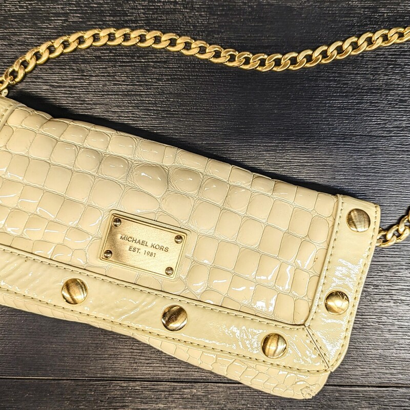 MIchael Kors Snakeskin Patent Leather Clutch
Cream Gold
Size: 10.5 x 5H