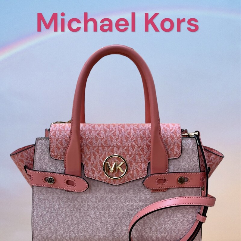 Michael Kors Carmen Colorblock Medium Flap Satchel
Designed in a classic trapeze shape, our Carmen satchel is equal parts refined and practical. This color-blocked version is crafted from Signature-print canvas with gilded hardware for a luxe finish, while a detachable crossbody strap provides added versatility. Its belted side gussets can be adjusted and open to a pocketed interior sized to store the essentials.
- Gold-tone hardware
- 11\"W X 7.75\"H X 5\"D
-Handle drop: 4.75
-Exterior details: detachable crossbody strap Interior details: back and front slip pockets Lining
This bag is in excellent preowned like new condition.  No marks or flaws found.