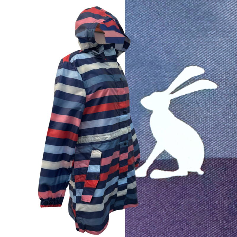 Joules Striped Rain Jacket<br />
Right as Rain Collection<br />
Outwit the Weather<br />
Hooded with Adjustable Cinch Waist<br />
Packable<br />
Stripes of Navy, Pink, Red, Blue, and Deep Teal<br />
Size: Medium