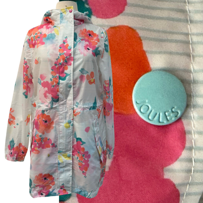 Joules Floral Rain Jacket<br />
Right as Rain Collection<br />
Outwit the Weather<br />
Hooded with Adjustable Cinch Waist<br />
Packable<br />
Pink,Aqua, Coral, Yellow and White<br />
Size: Small