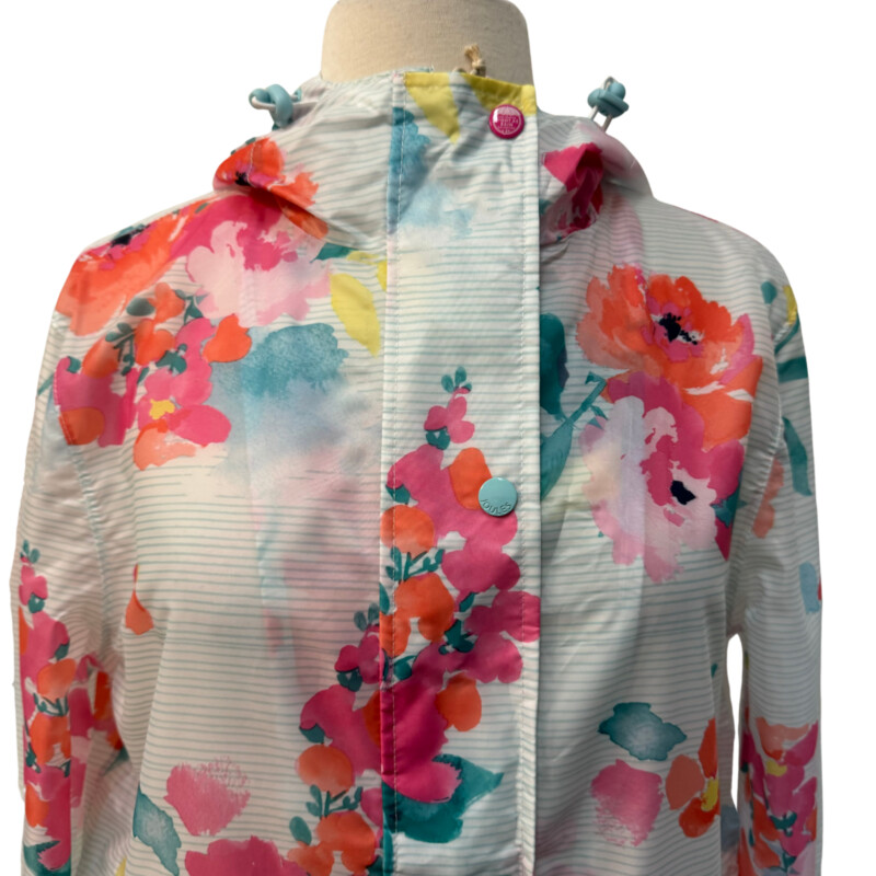 Joules Floral Rain Jacket<br />
Right as Rain Collection<br />
Outwit the Weather<br />
Hooded with Adjustable Cinch Waist<br />
Packable<br />
Pink,Aqua, Coral, Yellow and White<br />
Size: Small