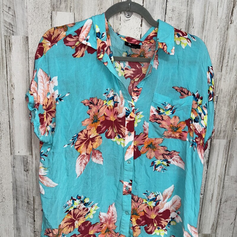 S Teal Floral Button Up
