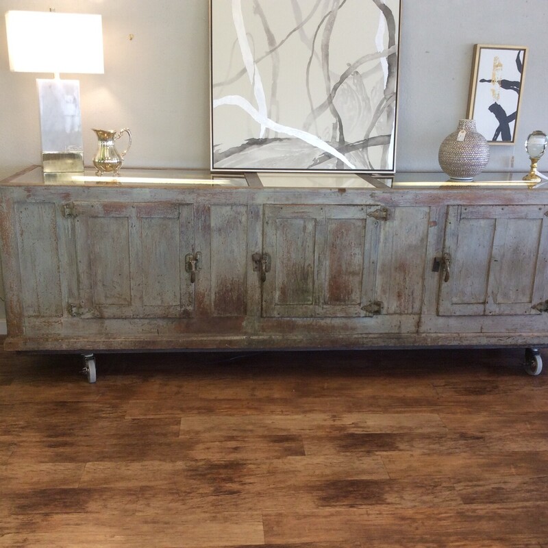 This is such a cool piece, you must come see it :)  It's a very rustic Antique Display Counter made out of an old refrigeration unit.  The center cabinet was used for the ice to cool the items on either side.  Grayish, Size: 120x28x40
