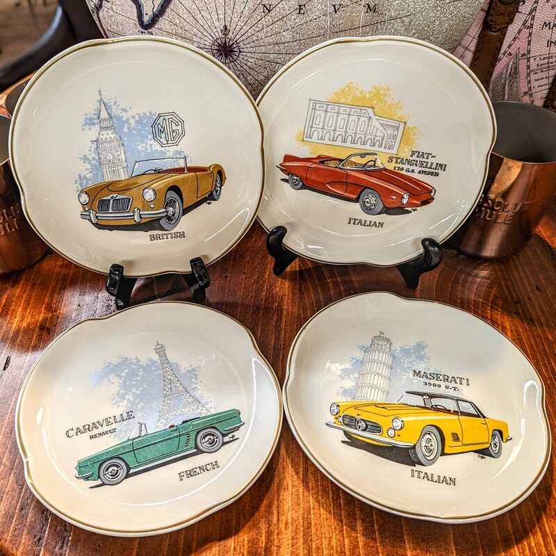 Set of 4 Vintage European Car Appetizer Plates
Cream Gold Multicolored
Size: 6 x 6W