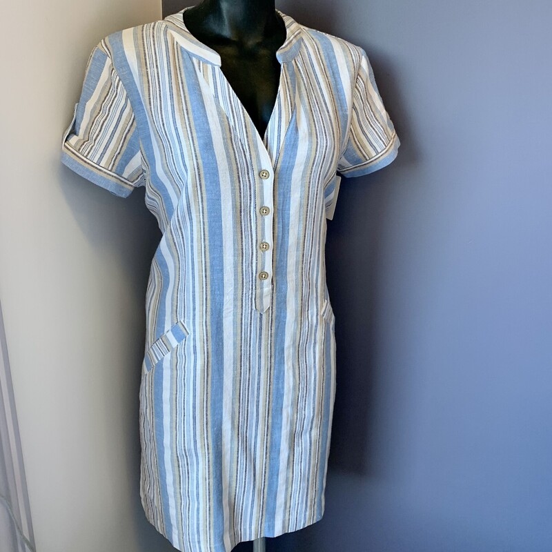 Jac Dale Dress Striped,
Colour: Blue Beige,
 Size: Small,
Material: 50% linen; 35% cotton blend