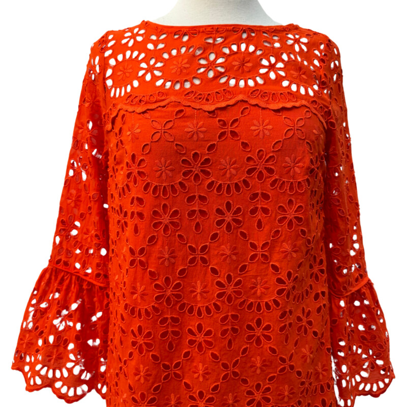 J Crew Eyelet Dress<br />
Lined with Bell Sleeves<br />
Cotton Blend<br />
Color: Geranium<br />
Size: 2