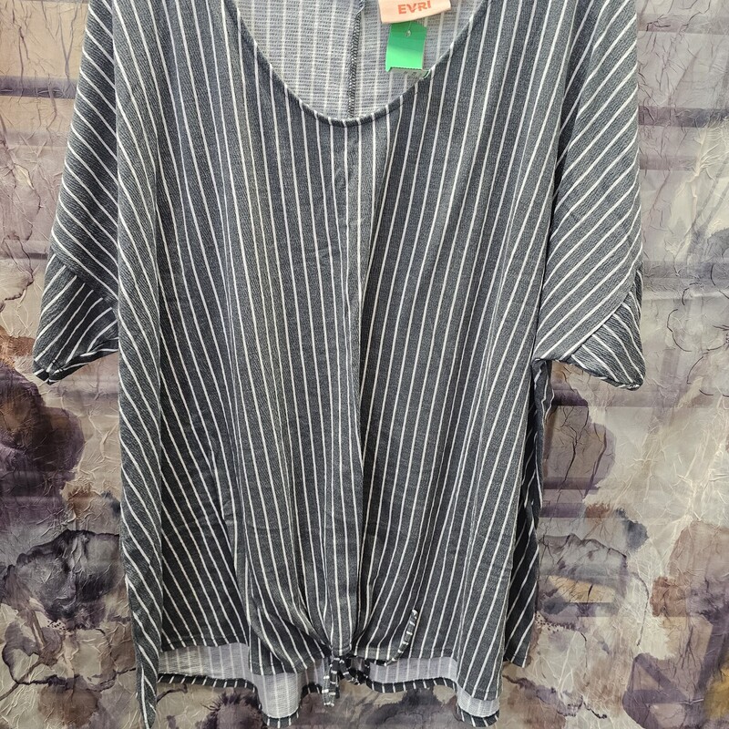 Short sleeve grey and white striped top with tie at the waist