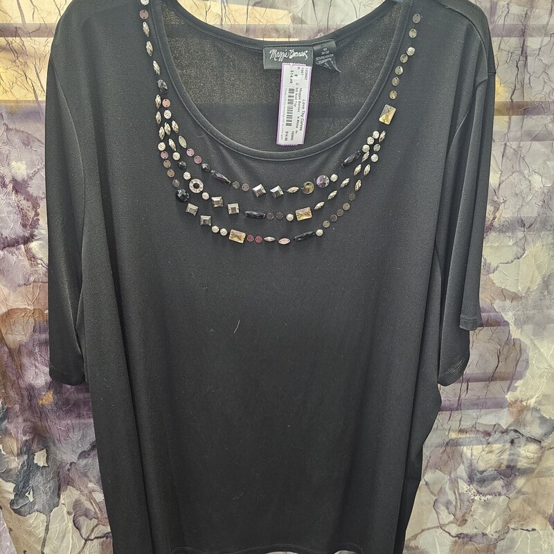 Short sleeve knit top in black with fun bling on the neckline.