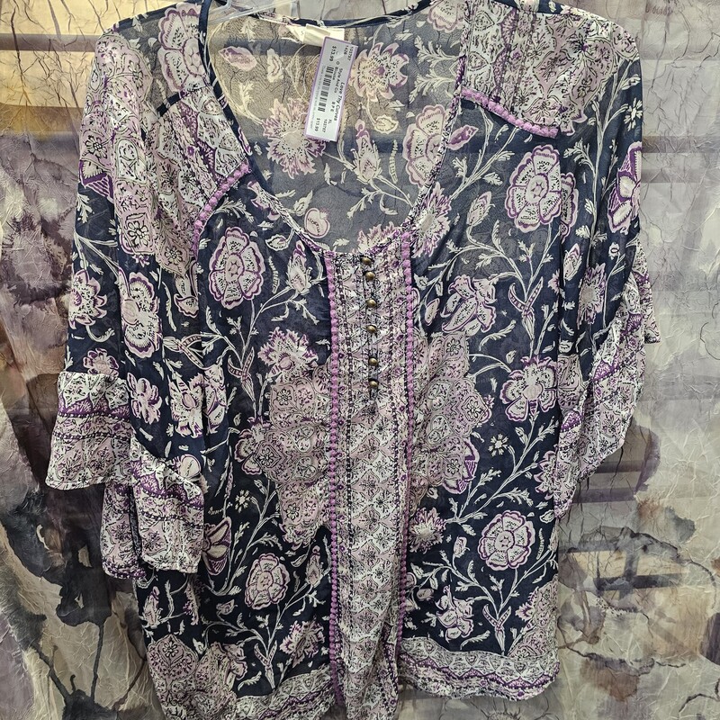 Sheer short sleeve blouse in fun navy purple and pinks print.