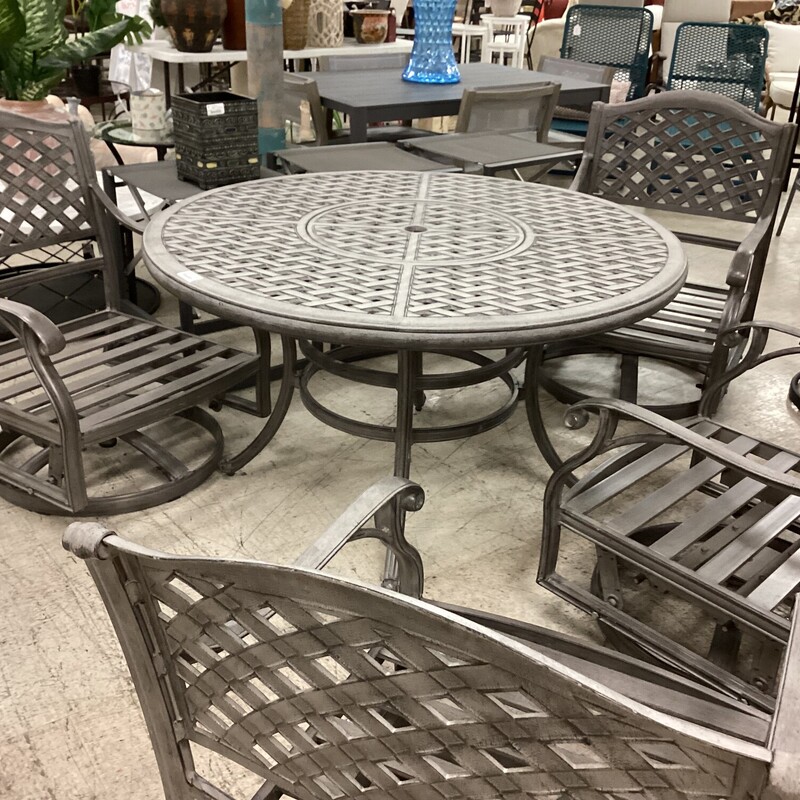 Metal Table+4 Chairs, Silver, Swivel/Rocking<br />
52in wide x 52in deep x 31in tall