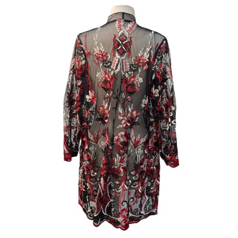 Reba Floral Cardigan<br />
Mesh Cardigan with Embroidered Flowers<br />
Black, Red, and White<br />
Size: Small