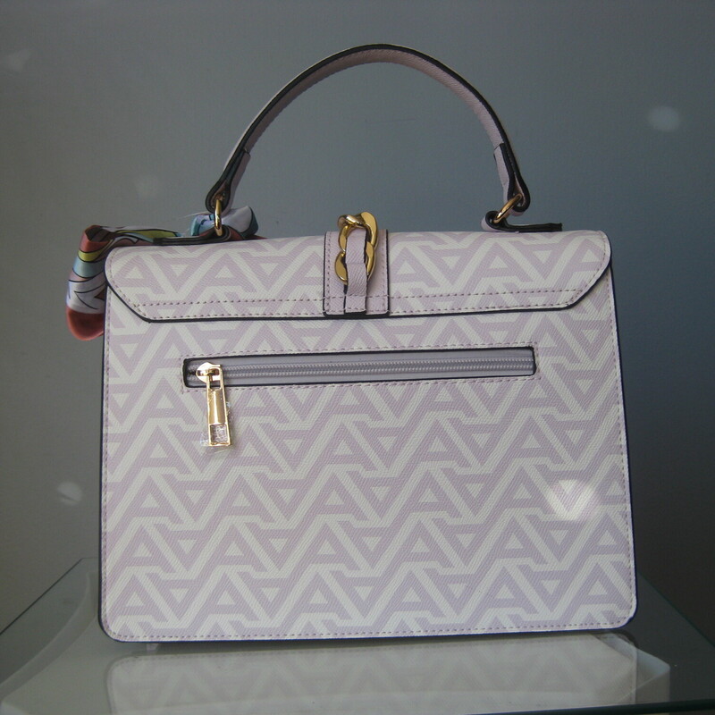 NWT Aldo Satchel, Lavender, Size: None<br />
Darling and chic little satchel by ALDO<br />
It's faux leather, sturdy and stands up by itself.<br />
It has a single top handle and a gold chain crossbody strap<br />
flap entry with turn lock closure<br />
zippered pocket on the outside<br />
two slip pockets and a zippered pocket inside.<br />
decorated with a cute scarf.<br />
10.5 x 8 x 3.5 deep at the bottom and about 2 at the top<br />
<br />
perfect brand new condition with tags<br />
thanks for looking!<br />
#72696