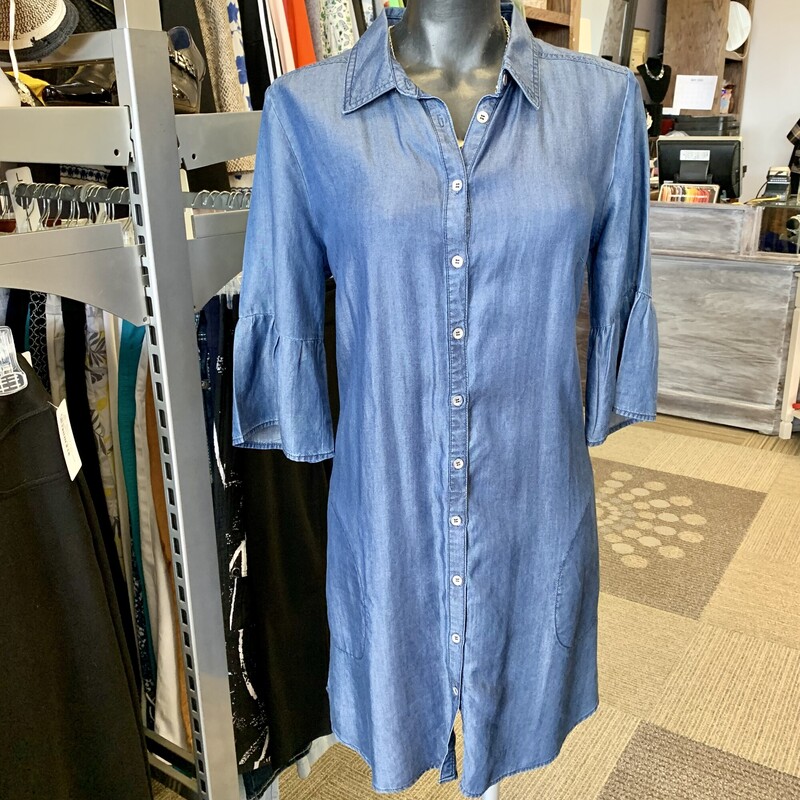FDJ Button Up Denimlook dress,
Colour: Blue,
Size: 8  A-line,
Material: 100% tencell