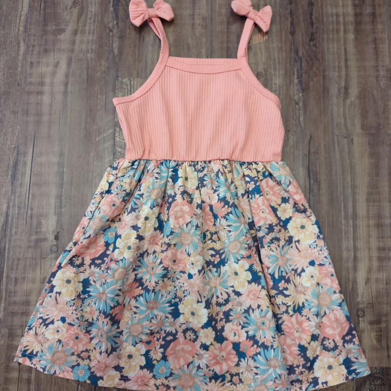 Mix Print Bow Sun Dress, Peach, Size: 5 Toddler