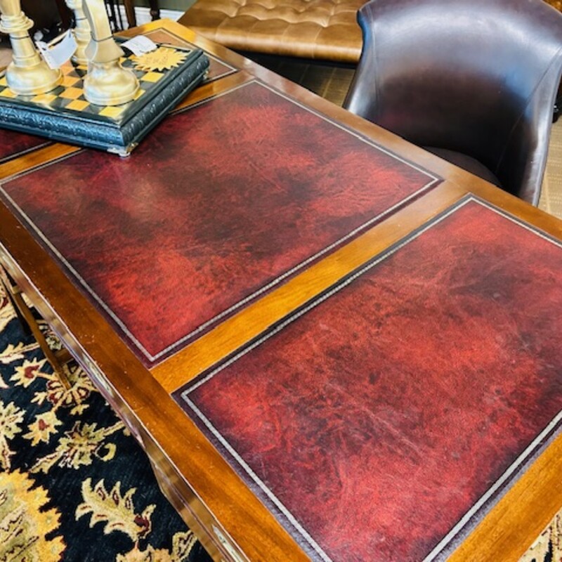 Leather Top Campaign Style Wood Writing Desk
Red Brown Gold Size: 60 x 30 x 30H
As Is - minor surface blemishes
Removable legs