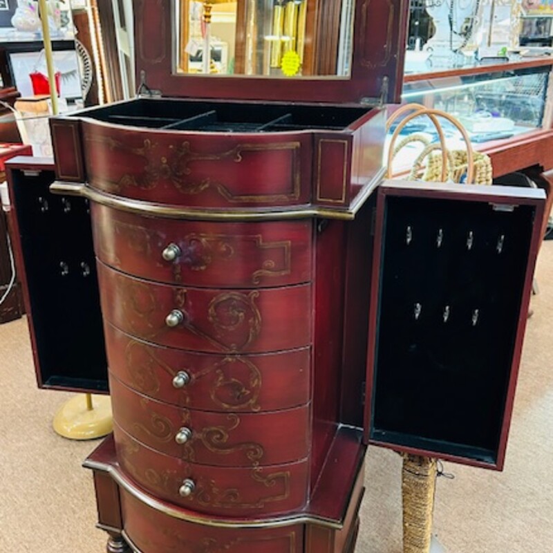 Bombay Rouge Jewelry Chest<br />
Red Brown Gold Size: 19.5 x 11.5 x 41H<br />
Top opens to reveal a mirror, both sides open to hold necklaces<br />
5 drawers for storage
