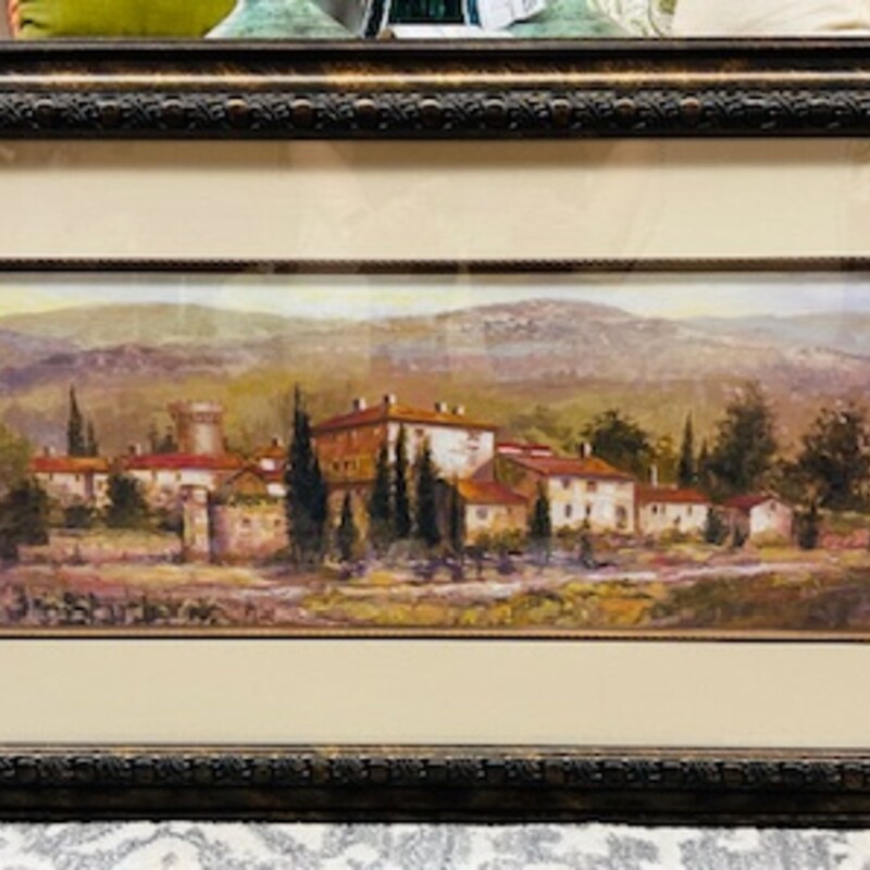 Tuscan Landscape Print
Cream Orange Green in Brown/Copper Frame
Size: 44 x 20H