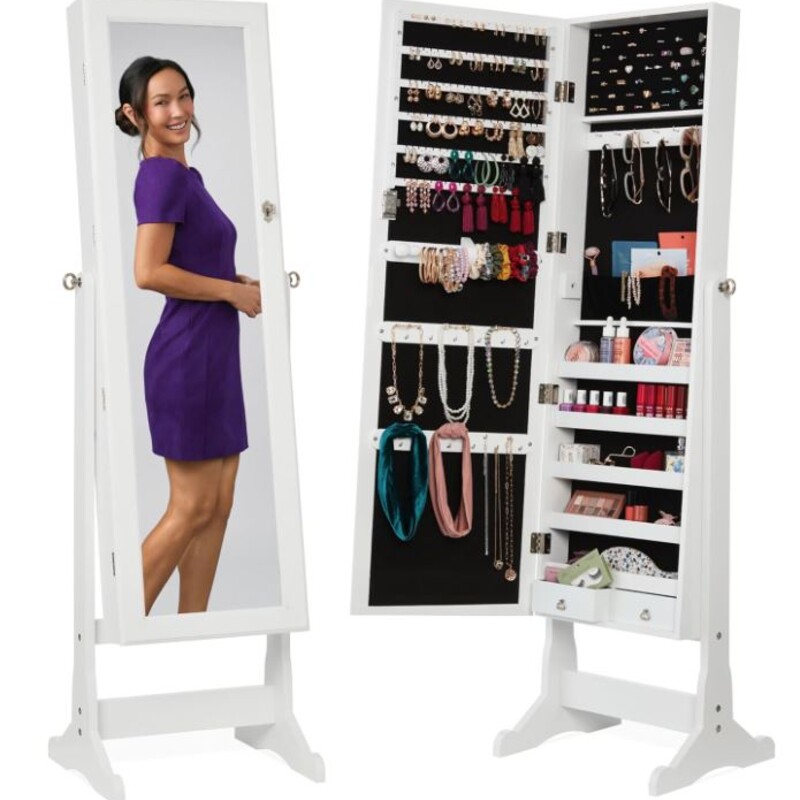 Standing Jewelry Holder Mirror
White Silver Size: 17 x 19 x 57H
As Is - one hook missing inside