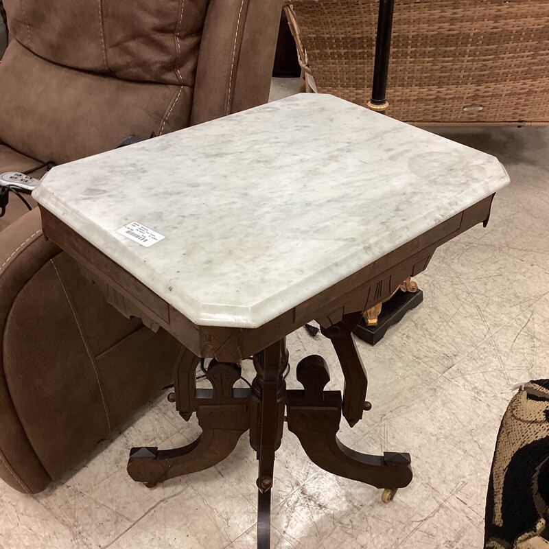 Marble Top Table, Dk Wood, Gray
24 in w x 18 in d  x 30 in t