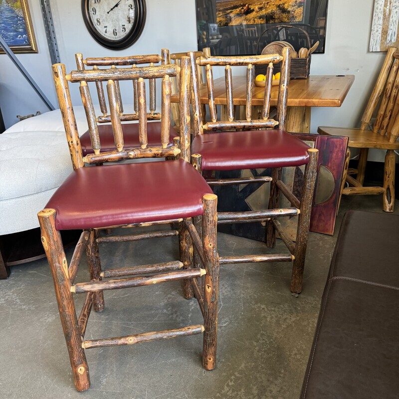 Old Hickory Style Counter Stools
Faux Red Leather Seats

Size: 18Wx38T
Seat Height: 24 in.