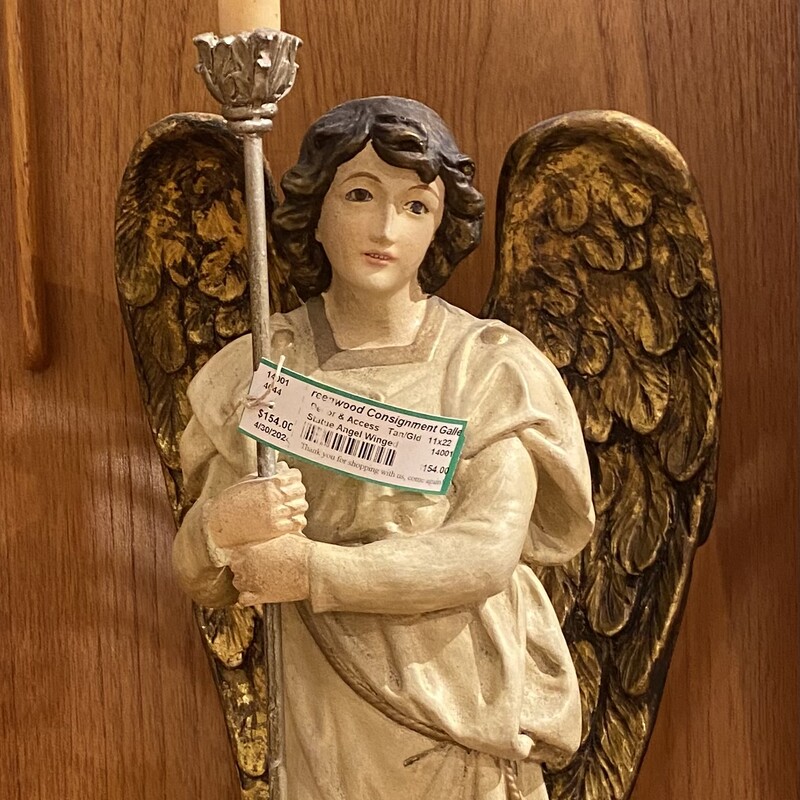 Statue Angel Winged, Tan & Gold, Size: 11x22