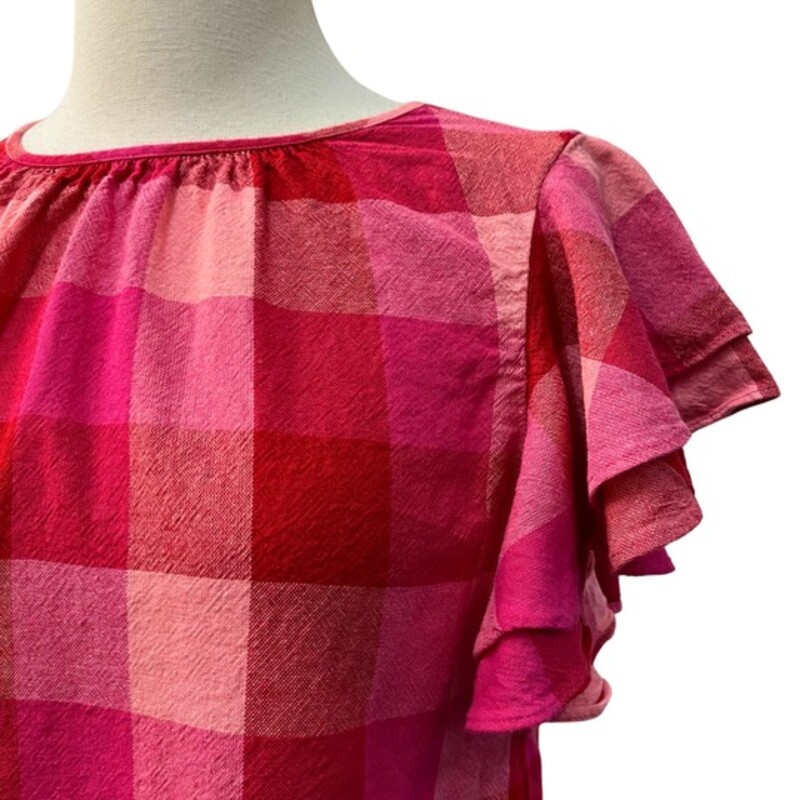 Kate Spade Top<br />
Flutter Sleeve<br />
Large Check Print<br />
Hot Pink, Light Pink,and Red<br />
56% Linen, 44% Viscose<br />
Size: Small