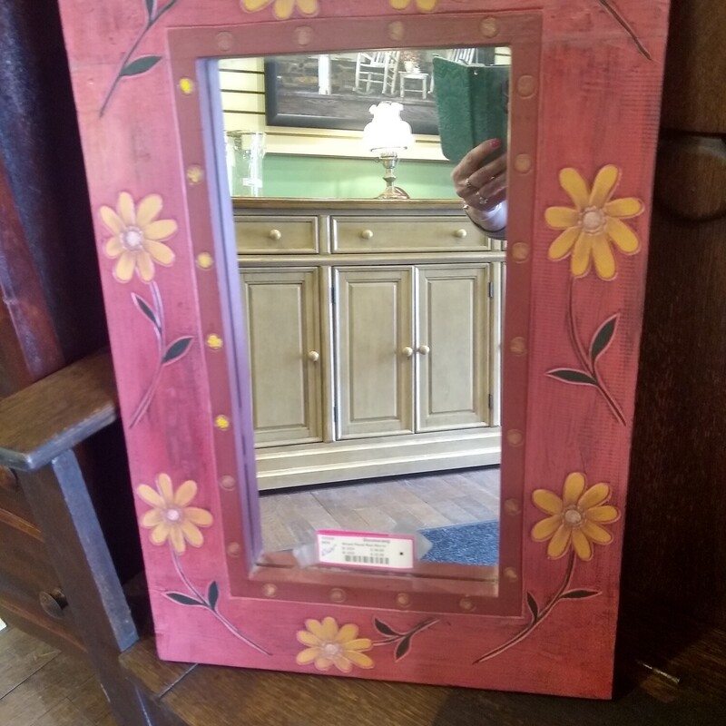 Wood Floral Red Mirror

Bright and cheery red wood framed mirror with daisy design.  Can be hung either way.

Size: 16 in wide X 24 in high