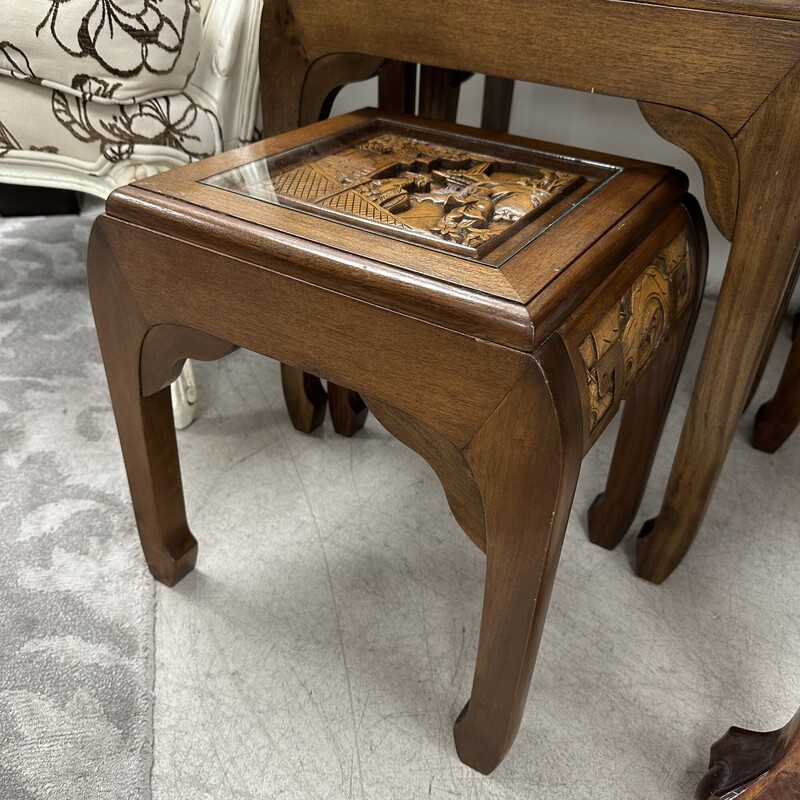 Carved Nesting Tables, Asian with Glass Top<br />
Size or largest table: 24x14