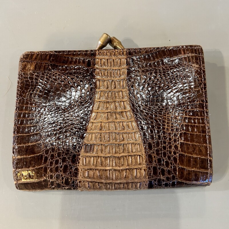 Crocodile Skin Wallet
Size: 5 x 4
Inside it reads: Genuine Crocodile Skin
THis wallet is in good condition; there is some wear on one of the outside folds.  Inside there is a coing snapped purse and a place for cards and bills.  Great coloration on this!