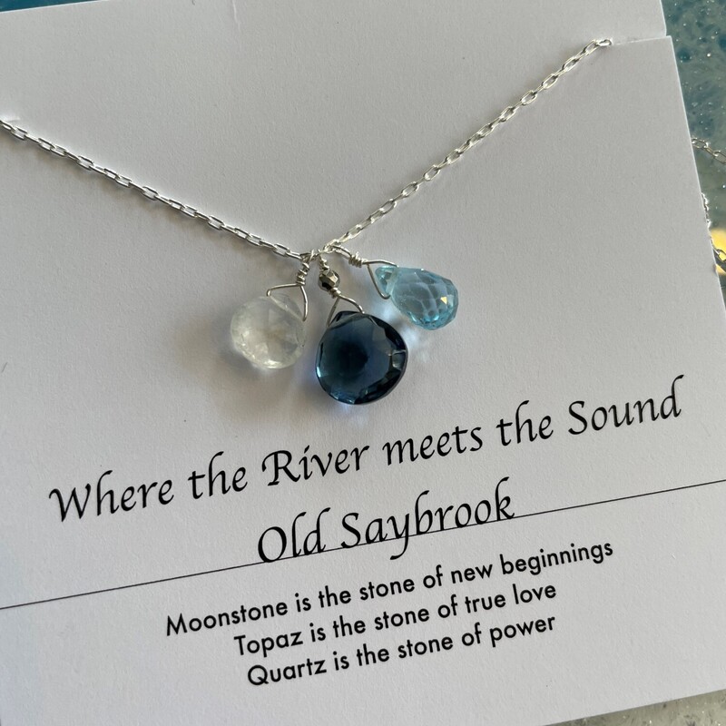 Old Saybrook Necklace, 18,  Sterling Silver

Love where you live, vacation or where wonderful memories were made!

Moonstone is the power of new beginnings
Topaz is the stone of true love
Quartz is the stone of power

Made in CT