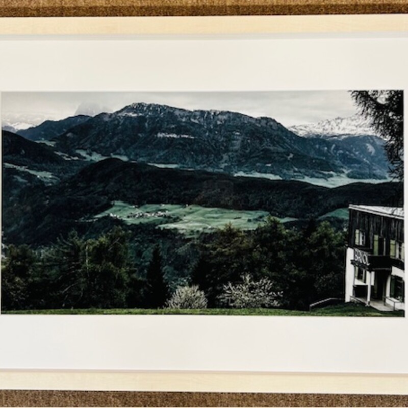 Framed Mountain Scene Photograph
 White and Green
Size: 27x18H