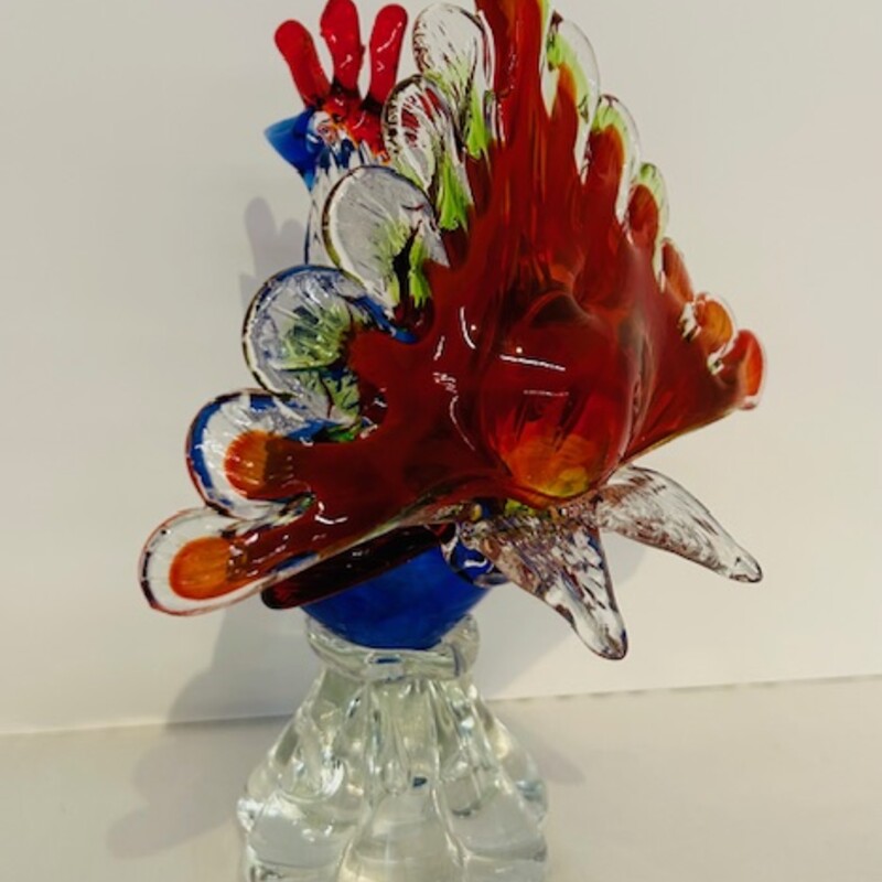 Artisan Blown Glass Rooster<br />
Clear Blue Orange<br />
Size: 6.5x8.5H