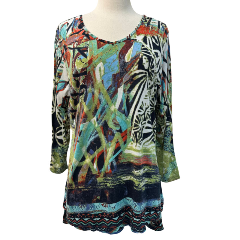 Parsley&Sage Tunic<br />
Wonderful Happy Pattern<br />
Button Detail on Back<br />
Navy, Lime, Coral, Aqua, White and Black<br />
Size: Large