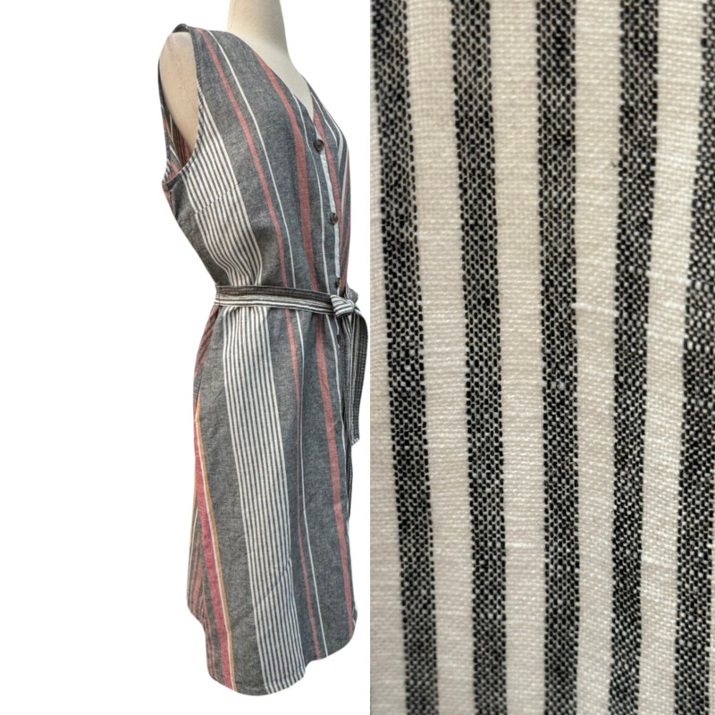 New Liz Claiborne Dress<br />
Sleeveless with Belted Waist<br />
Safari Spice Color<br />
Striped Pattern<br />
Linen & Cotton Blend<br />
Colors: Gray, Rose, White and Orange<br />
Size: XL