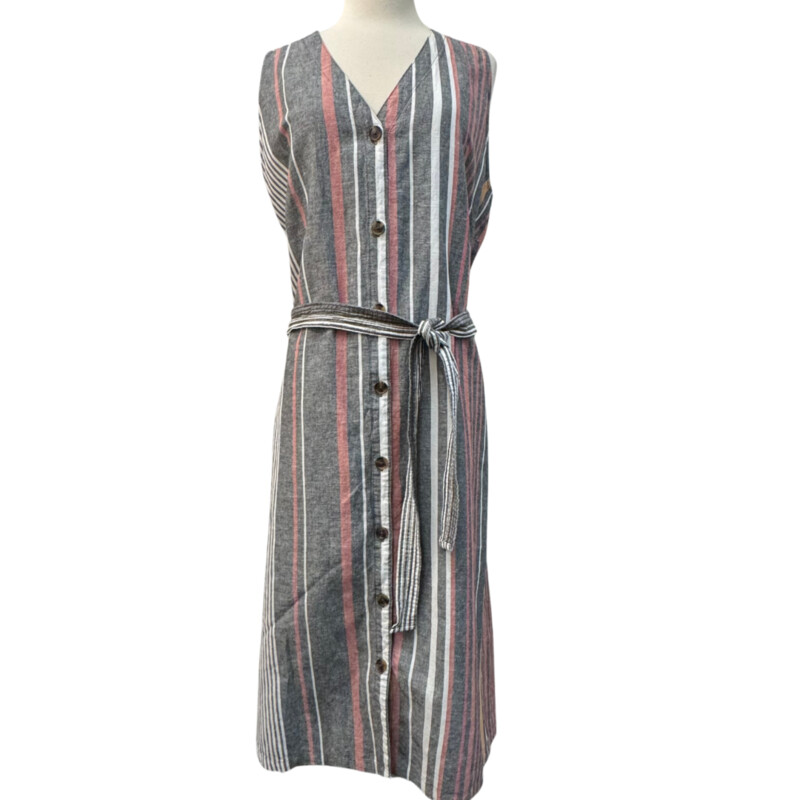 New Liz Claiborne Dress<br />
Sleeveless with Belted Waist<br />
Safari Spice Color<br />
Striped Pattern<br />
Linen & Cotton Blend<br />
Colors: Gray, Rose, White and Orange<br />
Size: XL
