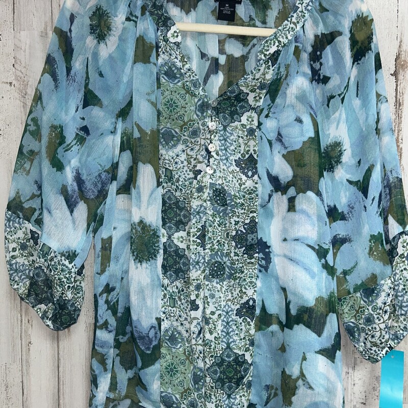 M Blue Printed Button Top