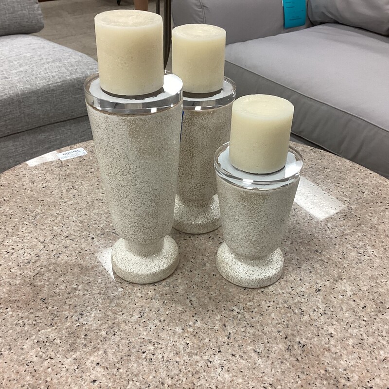 S/3 White/Tan Candle Hold