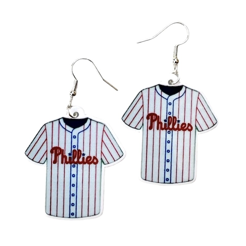 Phillies Earrings Jersey

BEFORE BUYING, PLEASE READ THIS ENTIRELY:

Necklace version of this is also available.

Earrings are made from plastic material (very light and comfortable) and with hypoallergenic wires. We have both gold and silver but will default to silver when shipping out to you. If you want gold, PLEASE EMAIL US AND LET US KNOW  :)

Earrings measure approximately 1.5 inches (some slightly bigger, some slightly smaller, depending on the design) not including the wires. Please allow +/- 0.5cm variances (pairs will always be the same size). Colors may look slightly different due to your monitor or phone screen.

There are multiple quantities available of each style, please specify if you want more than one of each pair.

Click on the ACCESSORIES link to see all other items.

For earrings only: shipping is $6 regardless if you buy 1 pair or 20 pairs. We have over two dozen styles, grab extras as gifts for coworkers, friends, and family! ***Automatic shipping calculations are set and we cannot change it for just the earrings, so you’ll receive a refund for the difference in shipping charges.

PLEASE ALLOW AT LEAST 1 WEEK FOR SHIPPING. THANK YOU FOR SHOPPING SMALL, WE APPRECIATE IT!