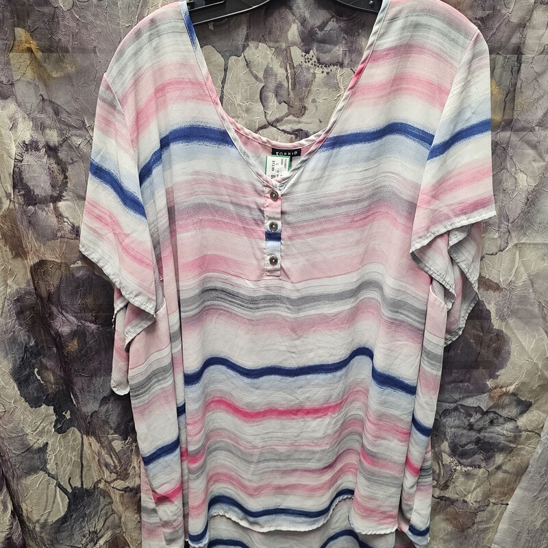 Short sleeve blouse in white with blue pinks and grey striping.