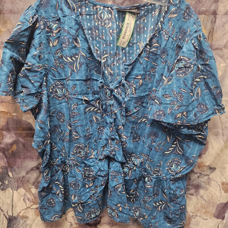 Short sleeve teal and floral summer blouse