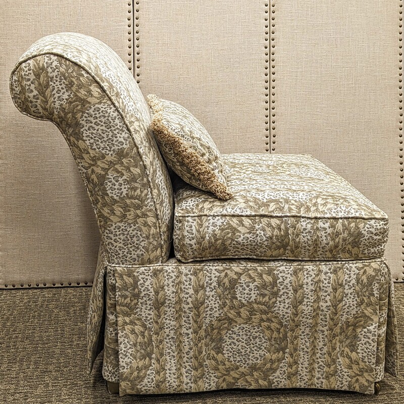 Century Armless Patterned Accent Chair with Pillow<br />
Green Tan Cream Yellow Size: 25 x 36 x 36H<br />
Matching chair sold separately